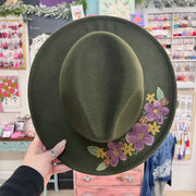 Hand-Painted Felt Hat by Brandy Bell - Olive Green with Floral